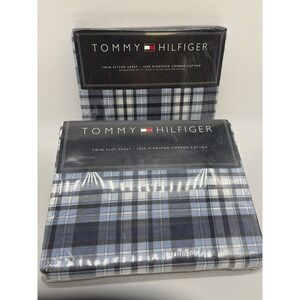 Tommy Hilfiger Tartan Blue Plaid Twin 2 Sheet set 100% Cotton Fitted Flat New